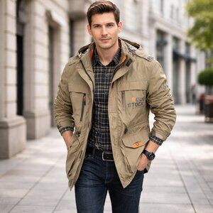 Mens Khaki Casual Jacket Modern Euro Style Mid Length Coat Urban Male Elegance